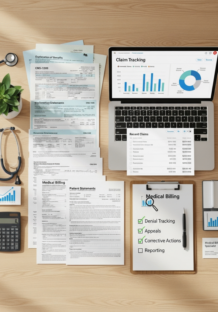 Denial Management Service | Medical billing specialists processing claim denial resolution and appeal documentation.