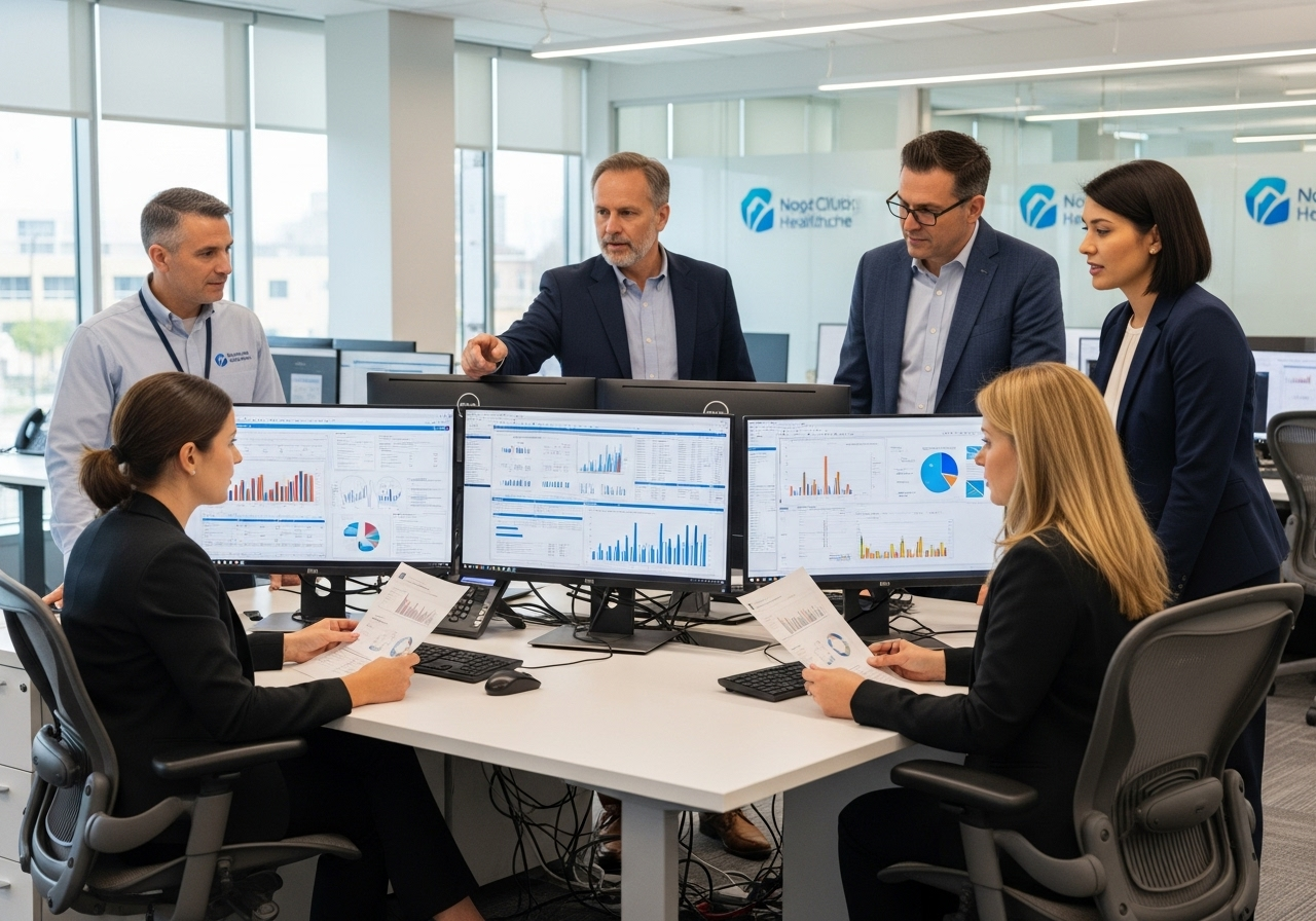 Healthcare team reviewing medical billing denial management reports to improve claim resolution.