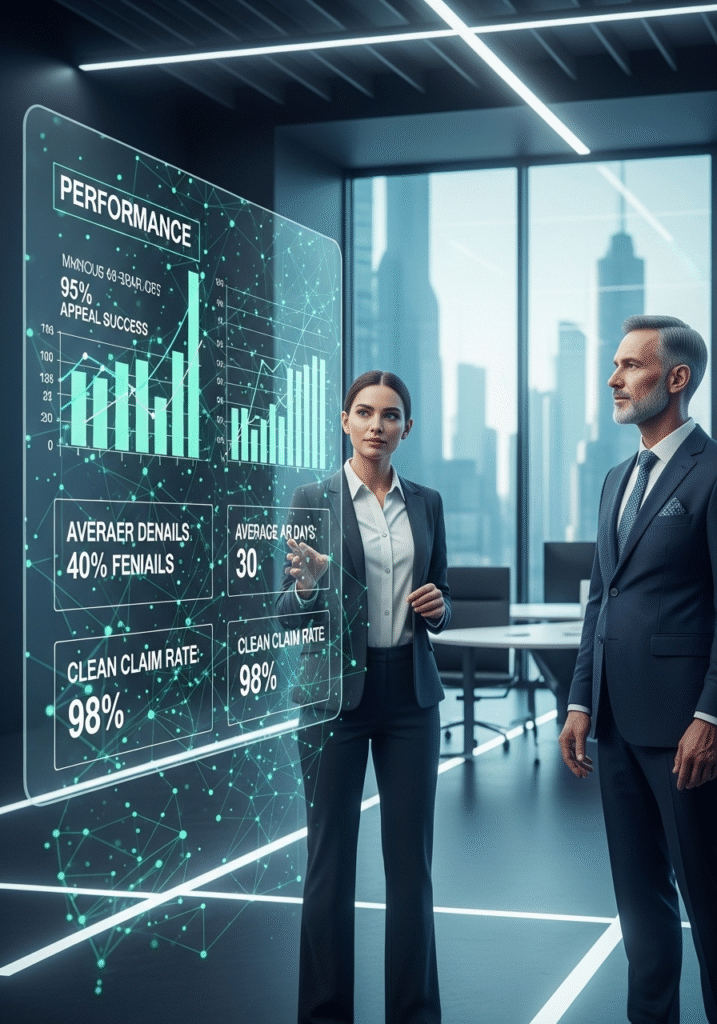 Dashboard displaying denial tracking and reporting metrics for healthcare billing teams.